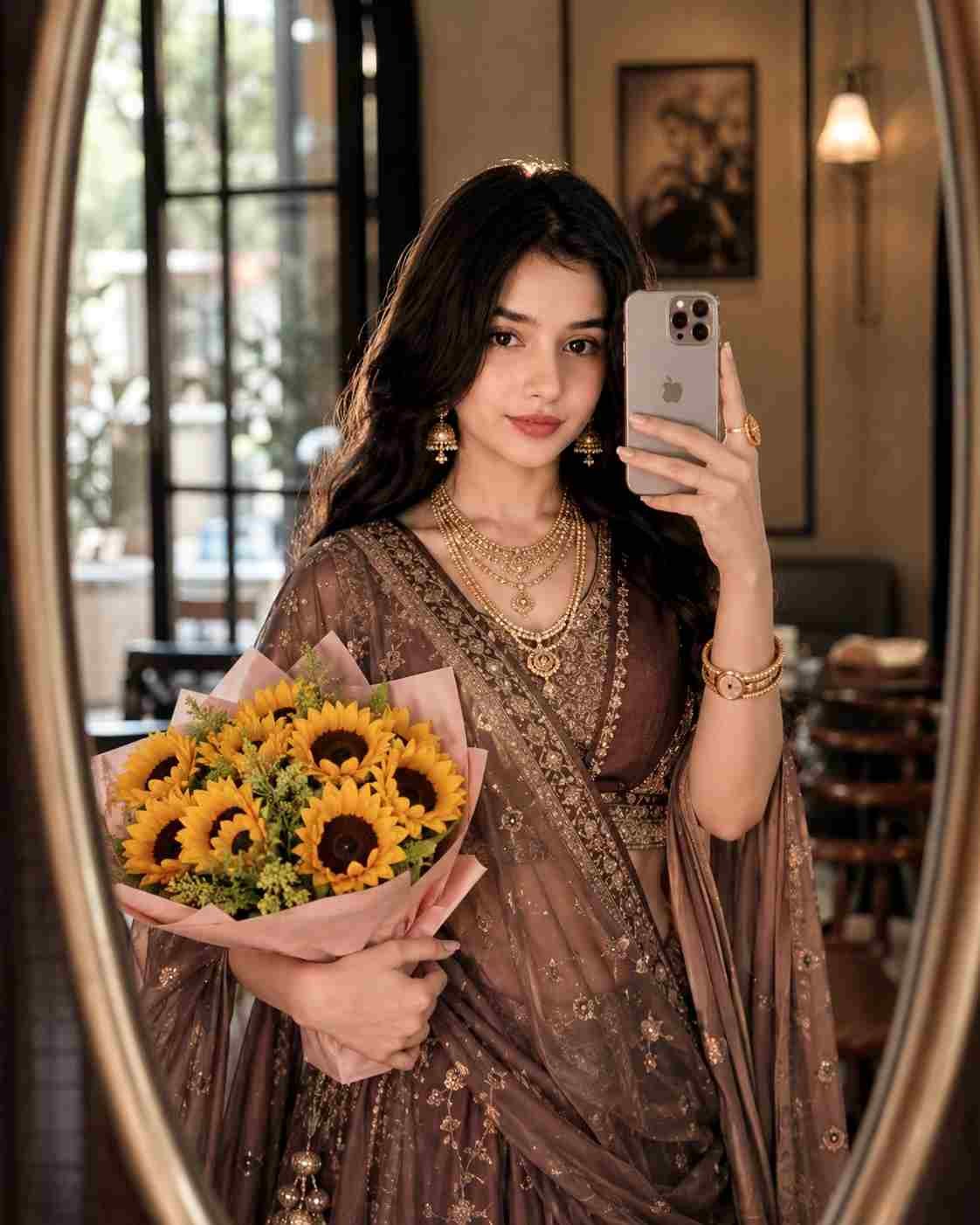 Luxury Lehenga Mirror Selfie with Sunflowers in Aesthetic Café